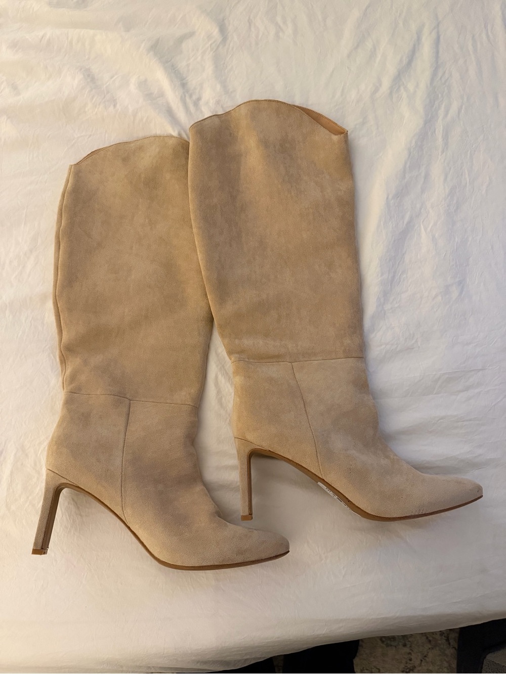 Knee-High Suede Stiletto Boots in Beige